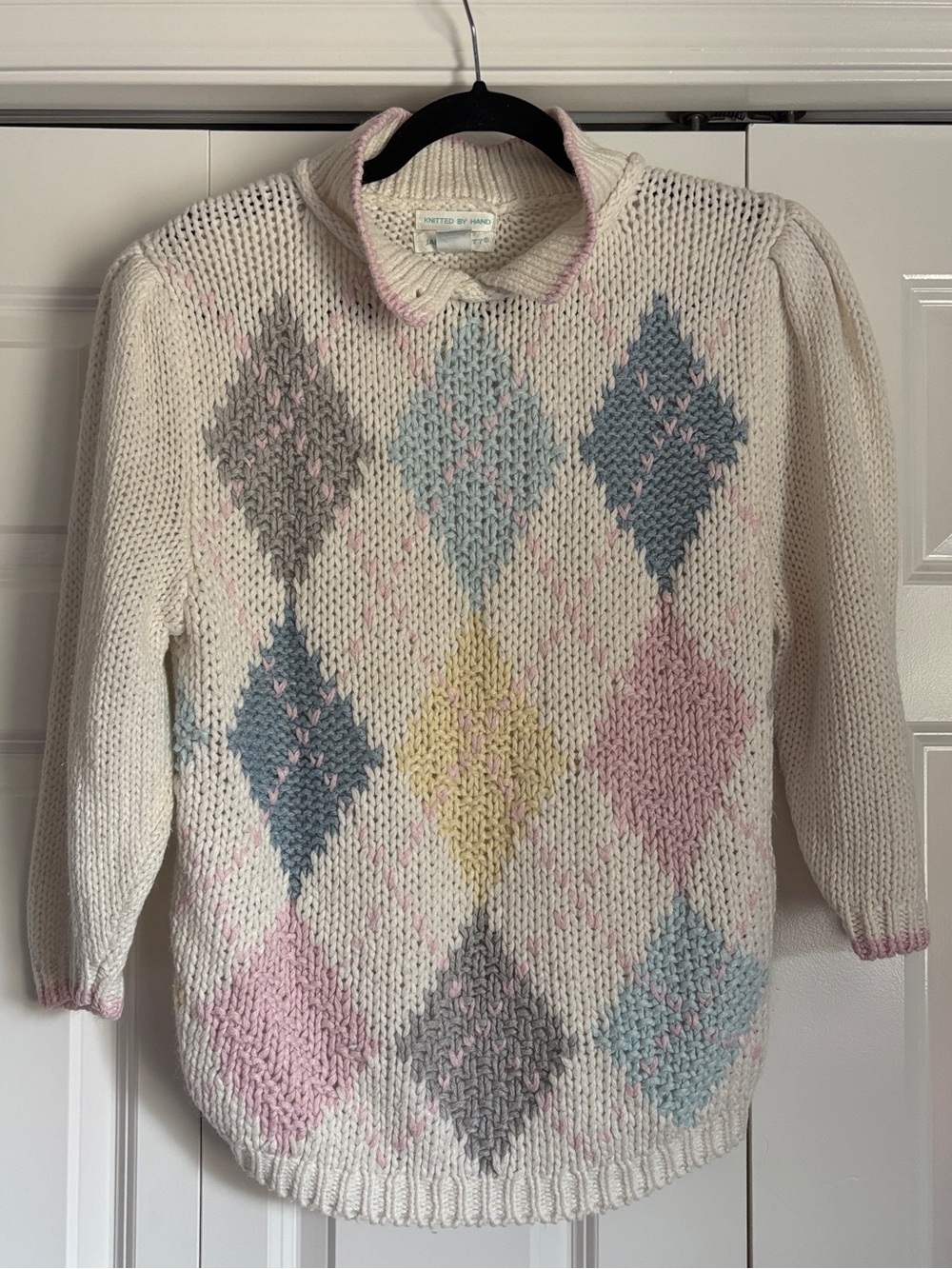 80s Jamie Scott Collection Cream Argyle Pullover with Pastel Blue Pink Yellow